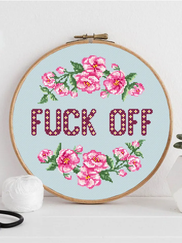 Framed quote cross stitch pattern Fuck Off download PDF Flower wreath cross stitch chart, Funny cross stitch Home decor, Flower sakura #Q34