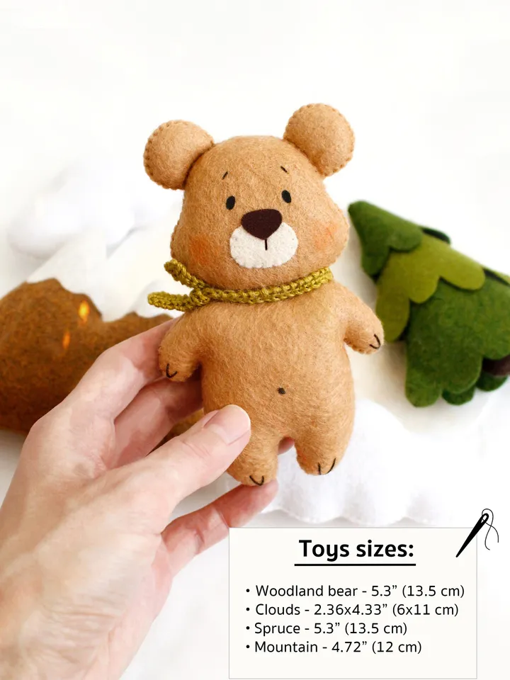 Felt woodland bear with clouds, spruce tree and mountain garland hand sewing PDF tutorial with patterns. DIY forest nursery wall and baby cot decoration
