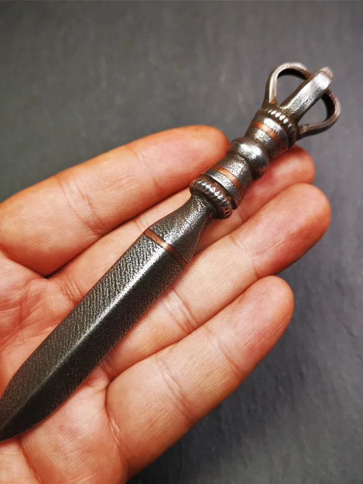 Gandhanra Handmade Tibetan Buddhist Ritual Implement - Kila -Dorje Phurba,Made of Cold Iron inlaid with Copper,5.1&quot;