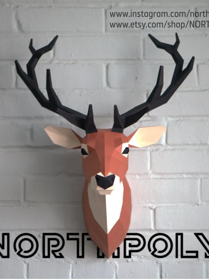 Papercraft Deer Head 1, Digital Template, PDF Download, Gurko, Trophy, 3D Low Poly, Pepakura, DIY Origami, Paper Decor, DIY Gift