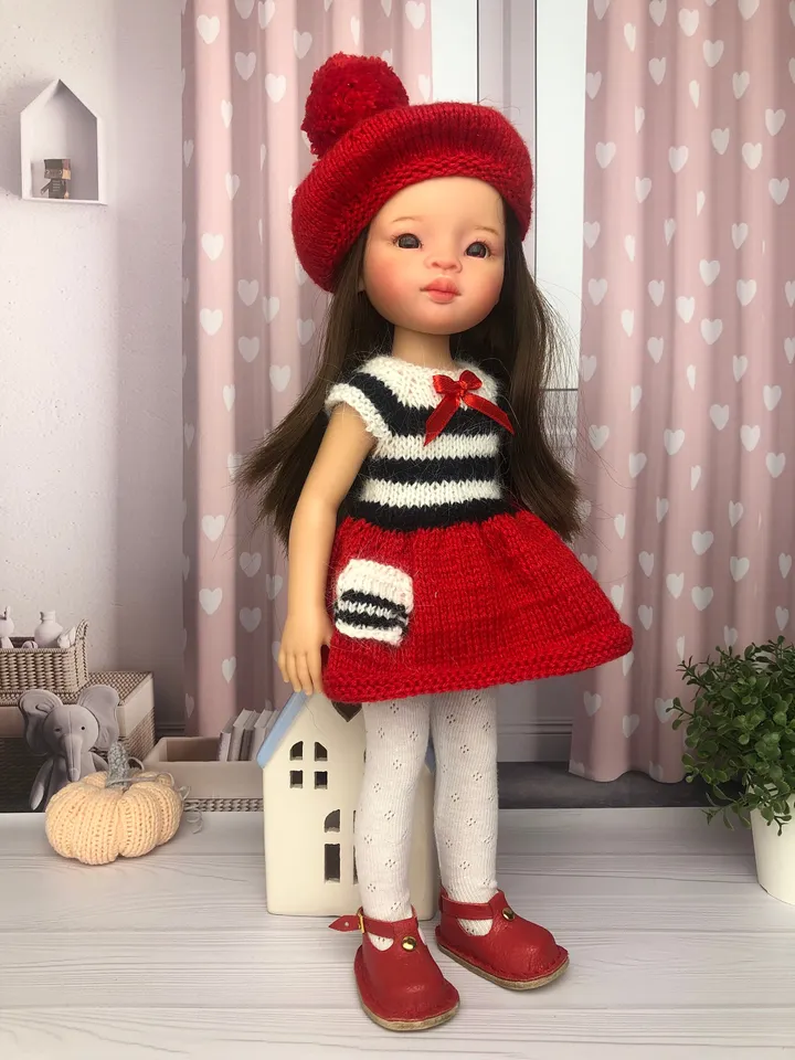 Paola Reina Doll 4 ITEMS Set: Exclusive Handmade Outfit - Beret, Dress, Tights, Shoes - Paris Collection