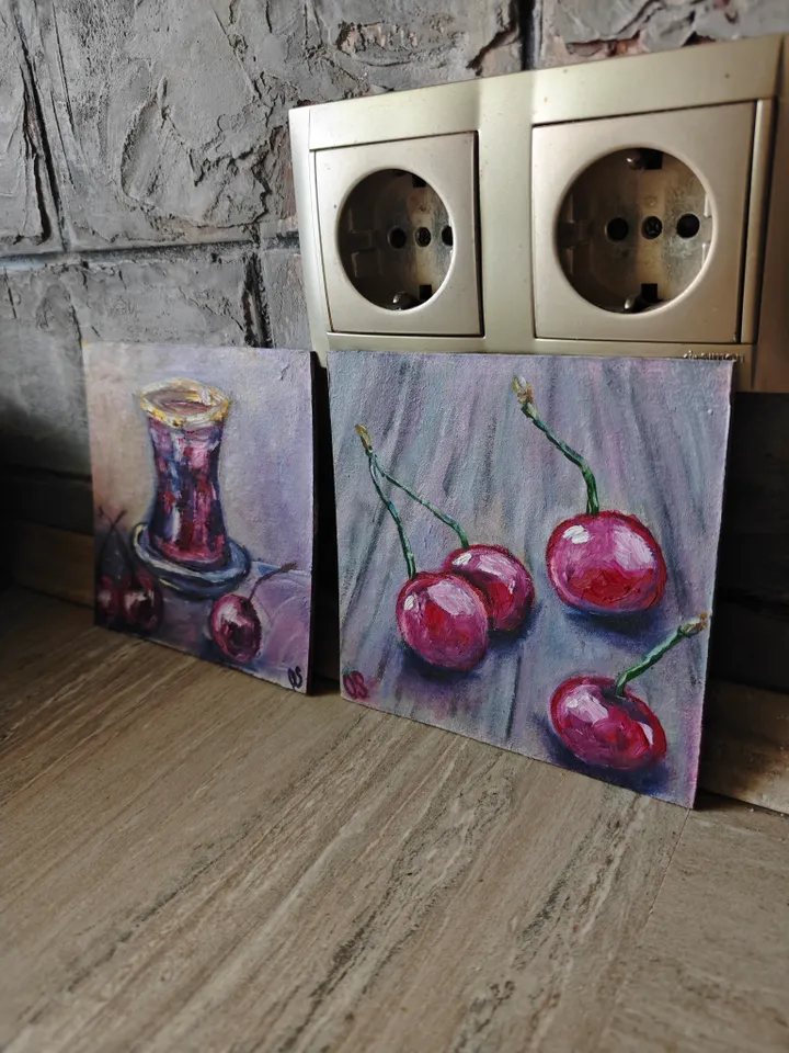 Cherries Original Painting Fruit Original Art Cherries Modern Artwork Bright Cherry Oil Painting Cherry Fruit Wall Art Decor 5 x 5 inches by OlgaSokolovaArt