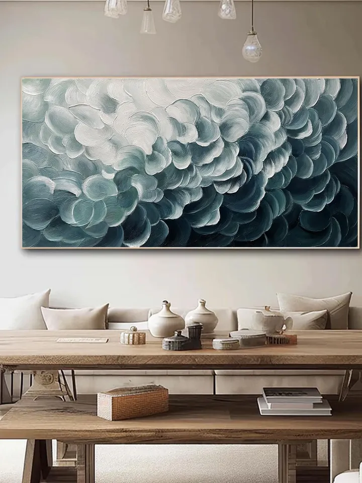 Original Blue and White Waves Oil Painting on Canvas Abstract Textured Wall Decor for Modern, Large Wall Art Living room Wall Art Home Decor