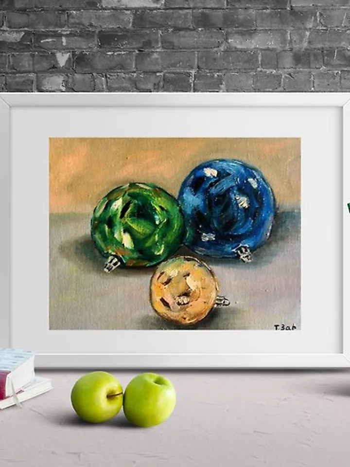 Christmas Decor Picture with Christmas Balls Small Oil Painting 15x20 cm