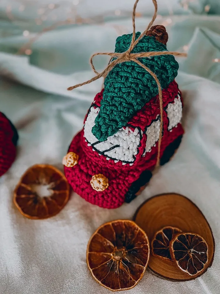 Christmas car with tree, interior basket, crochet decor, gift ornaments, sweet storage
