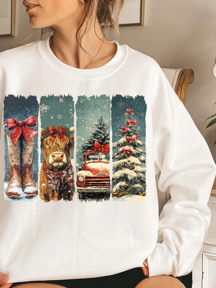 Vintage small town christmas PNG, Cowgirl Png, Small town girl Christmas PNG, highland cow Christmas png, Christmas western png