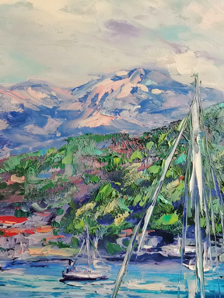 Yachts Sailboats Sea Mountains Original Art Oil Painting Resort Rocks Artist Svinar Oksana