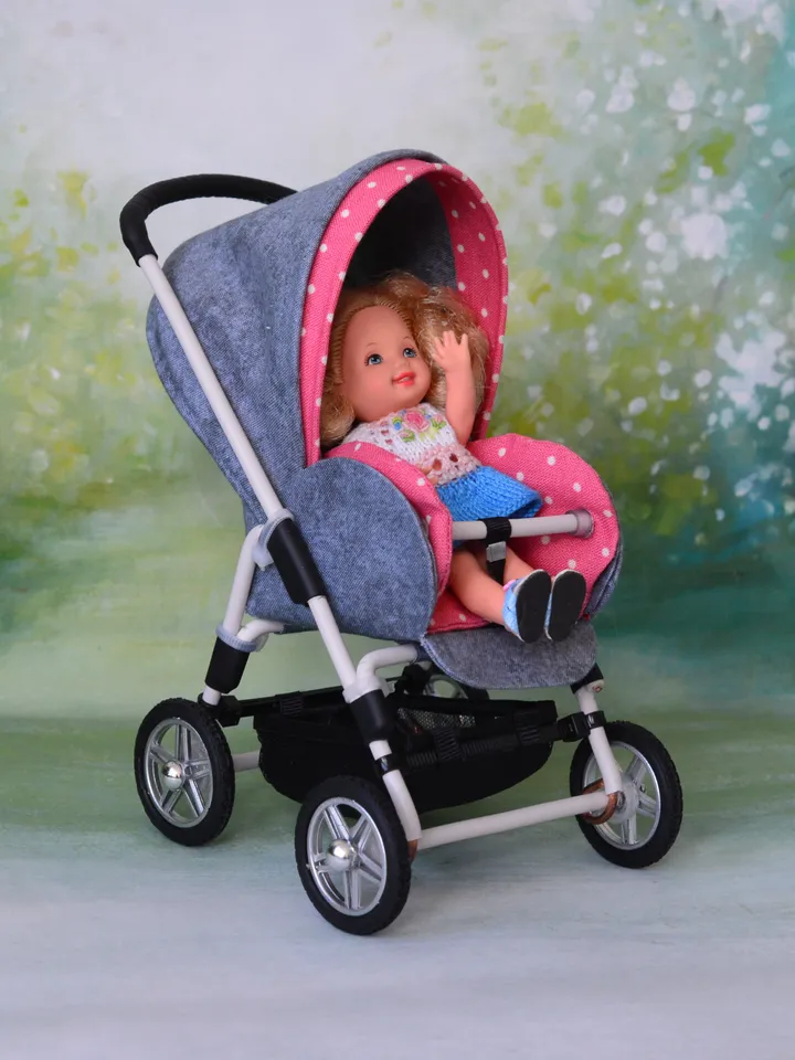 Miniature toy stroller for dolls in 1/6 scale. Accessories for small dolls and poupins. Pram for Barbie doll.