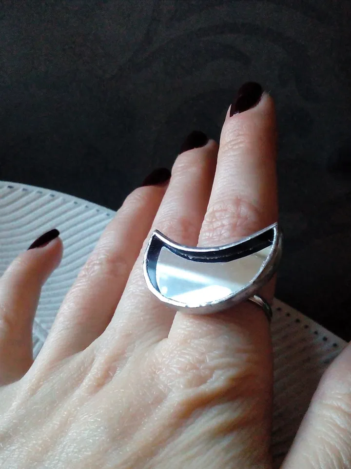 Mirror crescent ring, moon ring, soldered ring, stained glass ring, protection ring, Halloween ring, witchy aesthetic