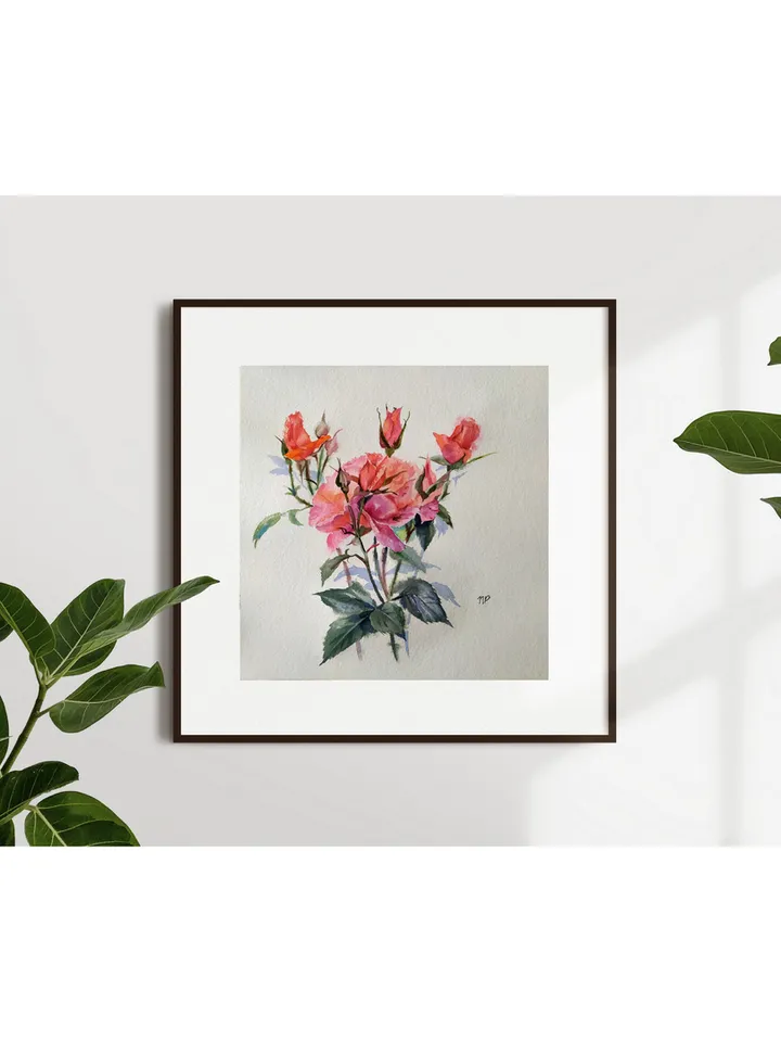 Rose Painting Floral original art 12 by 12 Red Flower watercolor square wall art Rose aquarelle by Natalia Plotnikova