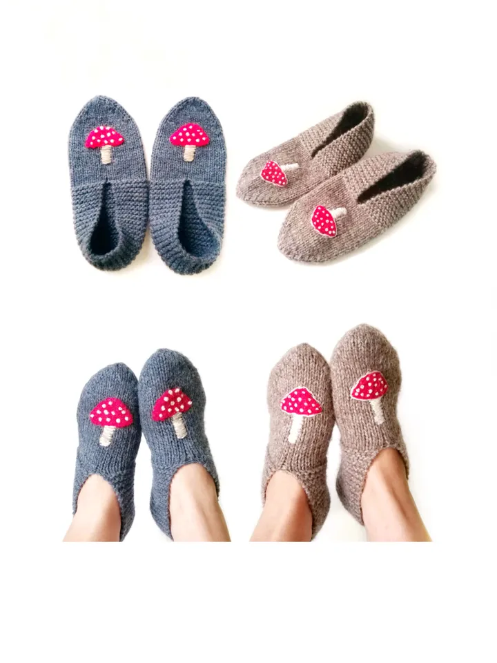 Hand-Knitted Mushroom Embroidered Socks-Slippers for Women, Merino and Alpaca Wool. Cute Warm Indoor Slipper-Socks. FREE SHIPPING!