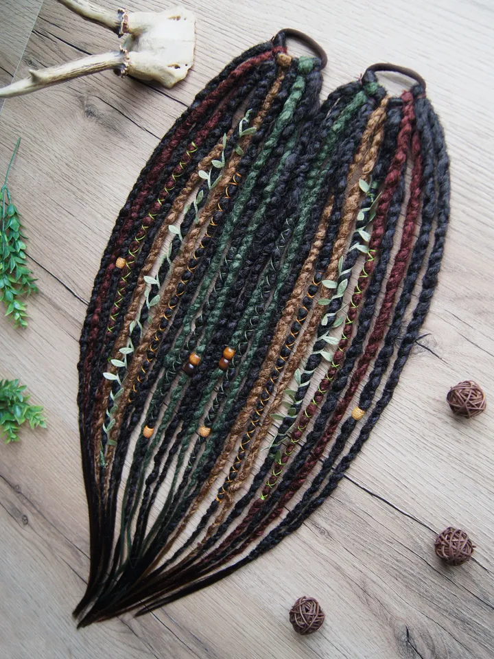 Dreads on hairband, Forest witch kit, Ponytail brown green red synthetic Dreadlocks extensions, bohemian boho style, Wig Hair Falls, cosplay