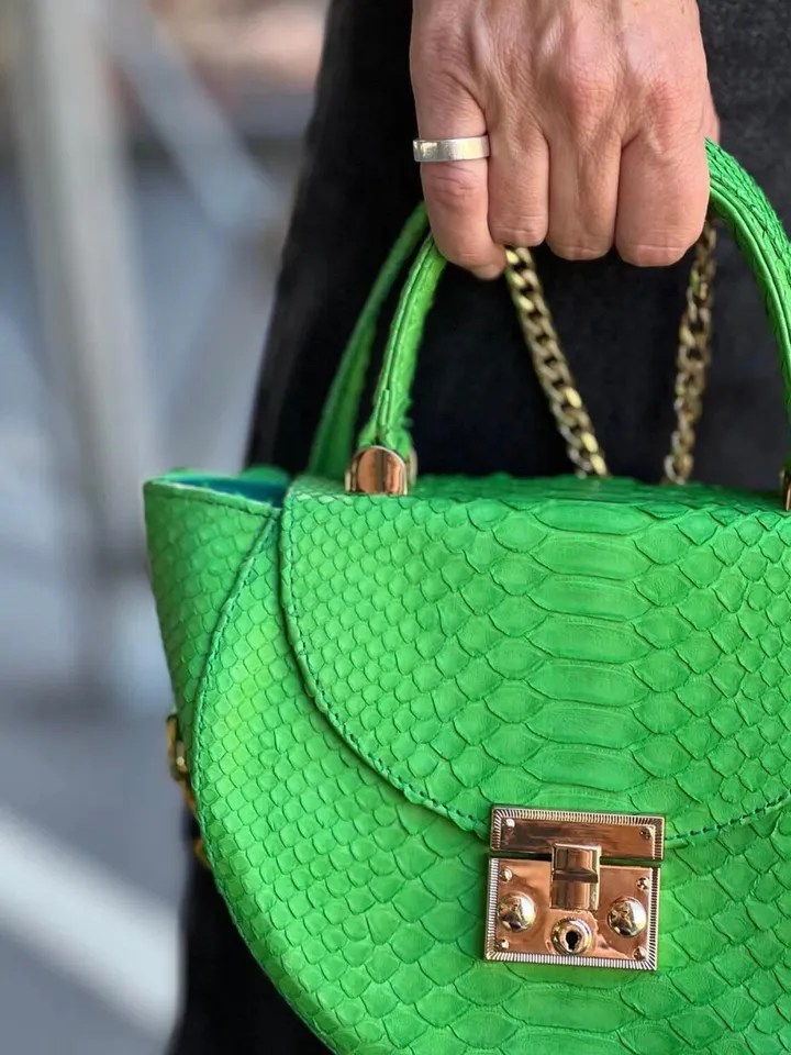 Genuine Python Skin Crosshandle Elegant Green Bag | Exotic Leather Bags | Designer Bags | Handmade Chain Crossbody Handle Women Classy Purse