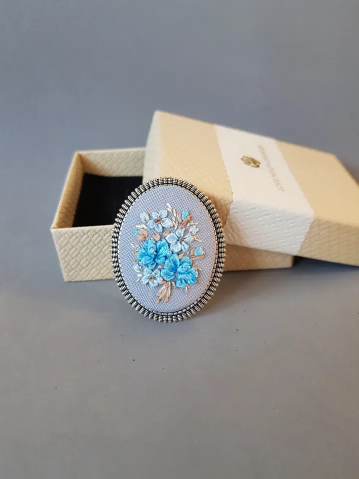 Ribbon embroidered brooch for her, hand embroidery blue jewelry