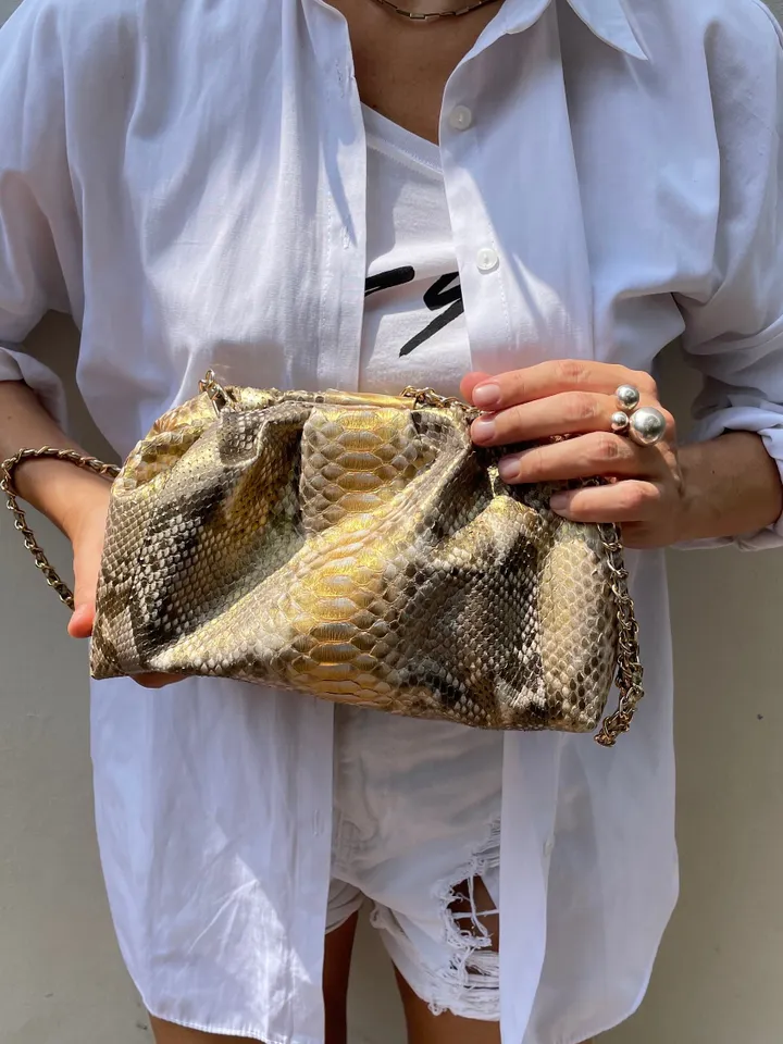 Genuine python skin gold pouch bag | exotic leather bags | small size soft clutch | snake designer bag | gift for her | classy purse