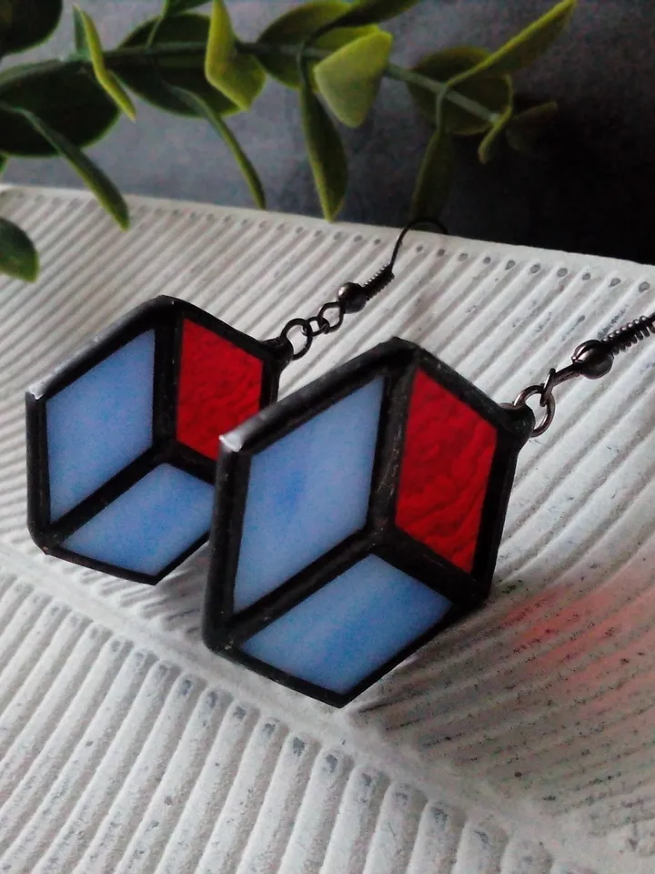 Cube earrrings, hexagon earrings, geometric earrrings, simple stained glass, blue stained glass, honeycomb