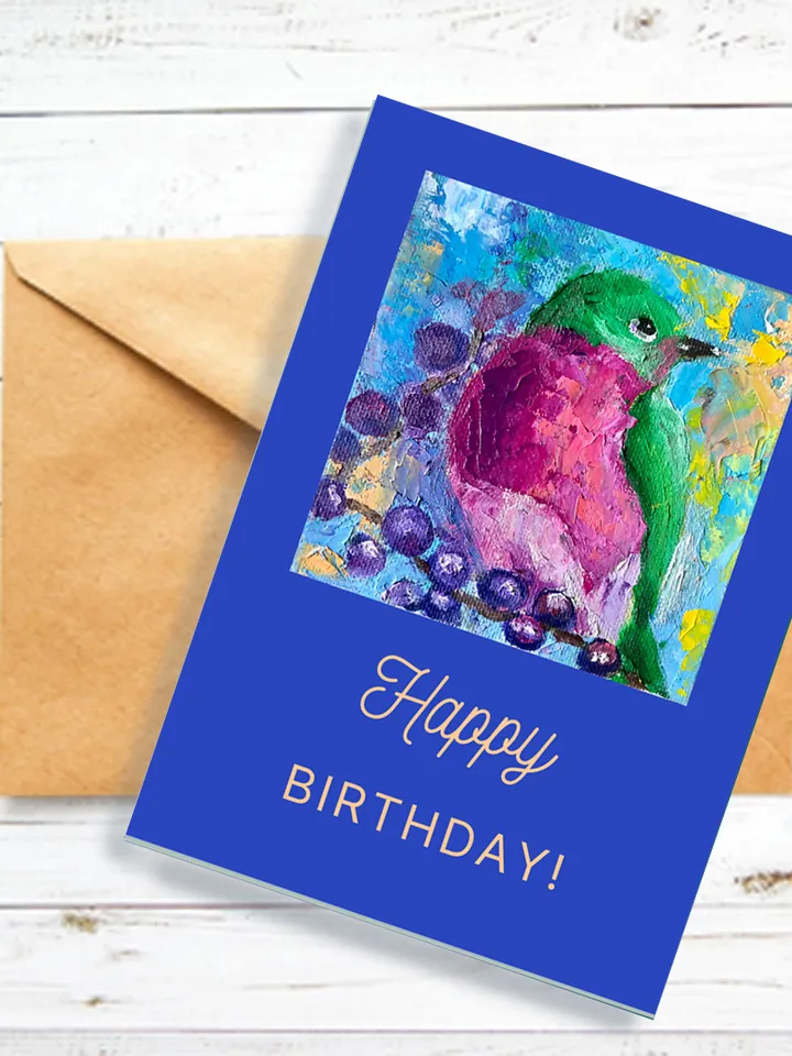 Digital Download, Bird Birthday card, Hand Painted Card, Printable bird, Birthday E-Card, Robin painting