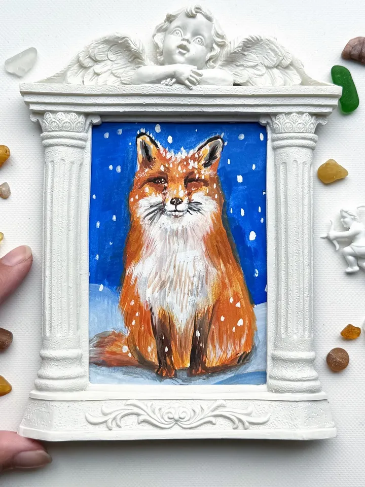 Fox Gouache Painting Original In Vintage Style Frame Small Framed Animals Wildlife Art