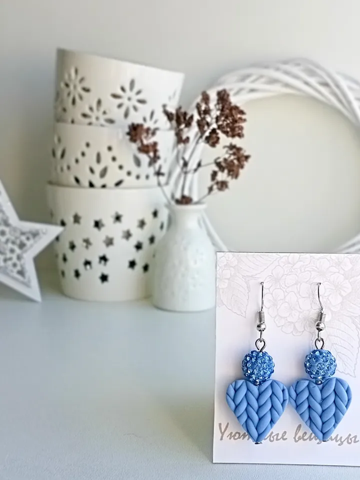 Heart dangle blue earrings/Elegant holiday earrings/Birthday polymer clay earrings/Lightweight earrings/Handmade Jewelry