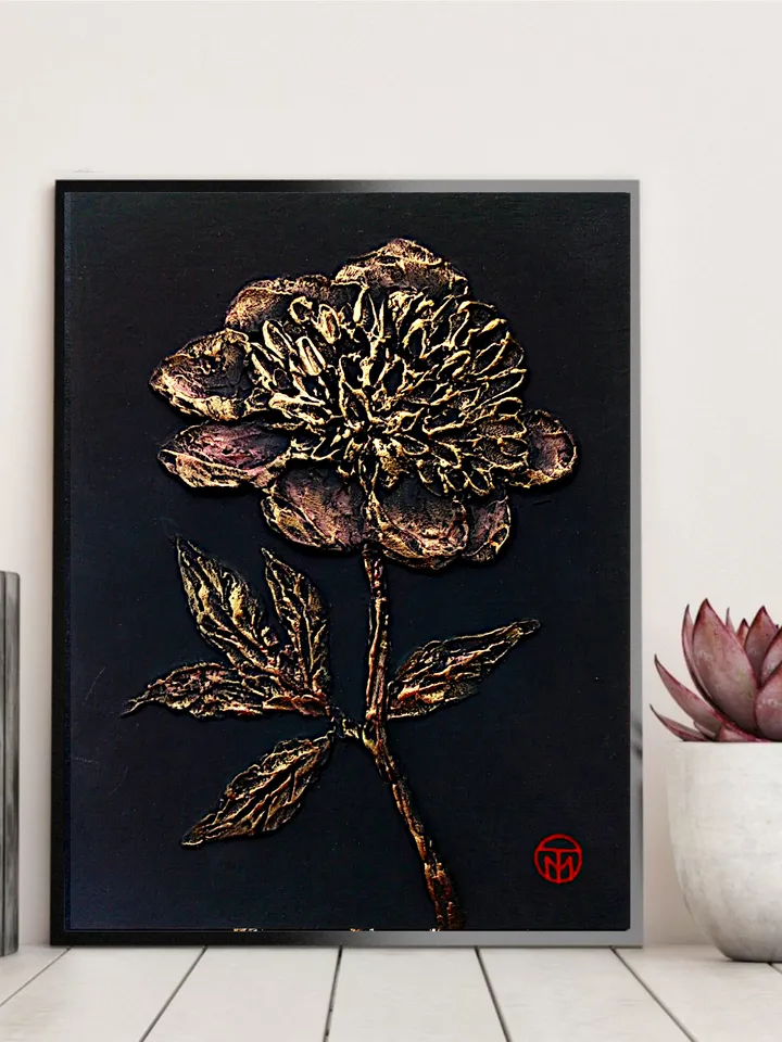 Peony Painting Textured Original Art Bas Relief Small Flower Painting Floral Black Gold Wall Art 8"x 6" By Colibri Art