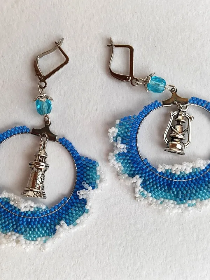 Blue beaded earrings with lighthouse waves kerosene lamp