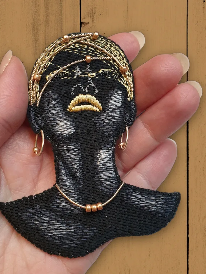 African woman machine embroidery design to create a brooch, keychain, pendant machine embroidery pattern woman motif