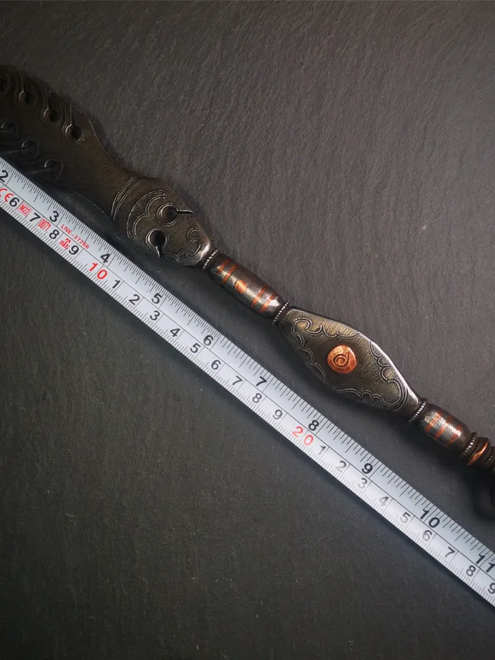 Gandhanra Handmade Tibetan Buddhist Ritual Implement - Dorje Phurba, Unique Manjusri Sword,Made of Cold Iron inlaid Copper, 12"