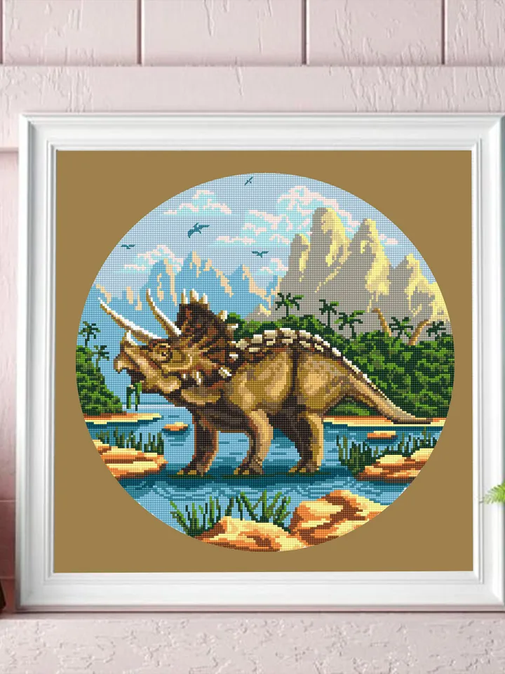 Dinosaur Triceratops cross stitch pattern download PDF Ancient animal cross stitch chart, Dinosaur world cross stitch Mountain landscape #D2