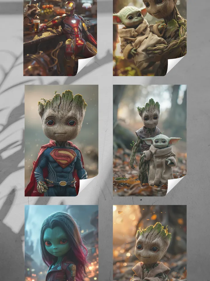 Set of 6 Baby Groot and Baby Yoda Postcards – Marvel and Star Wars Fan Art Collection