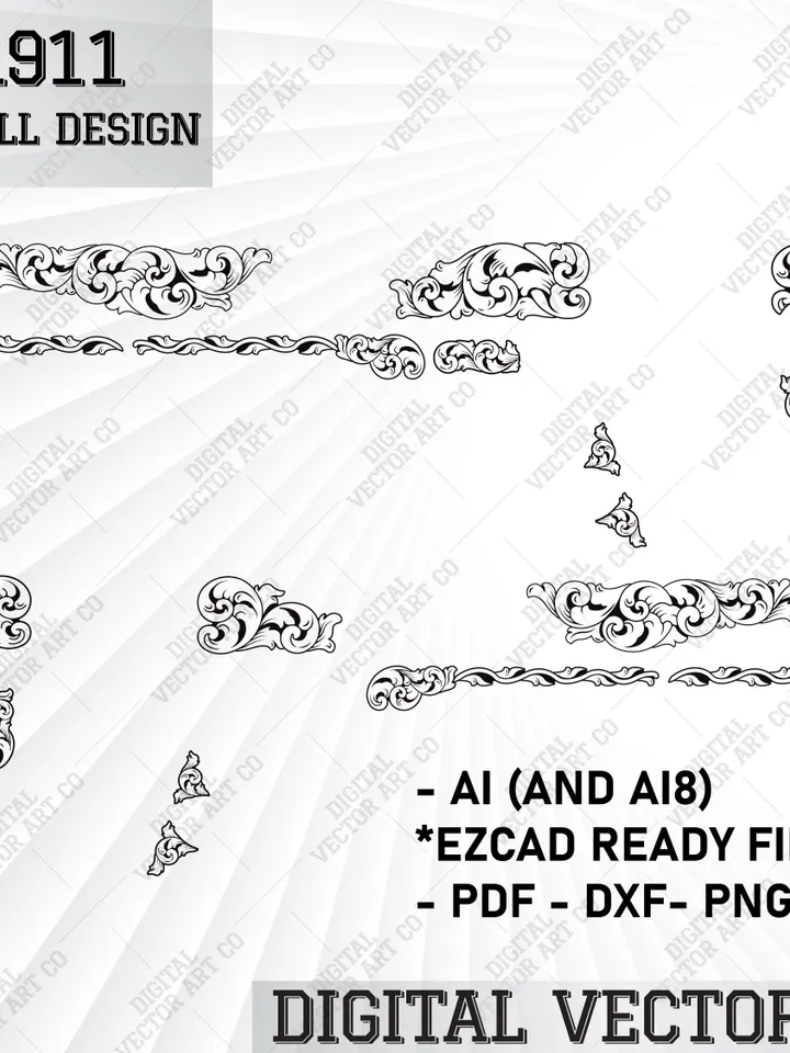 Colt 1911 Filigree Scroll Design fiber laser engraving.svg 1911 engraving files,vector patterns,scroll ornamentals,laser cut,metal work,ai8