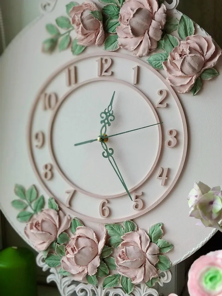 Pink wall clock with roses in shabby chic style Silent wall clock for bedroom or nursery Gift for Christmas, Birthday, Mother's Day, Wedding, Housewarming