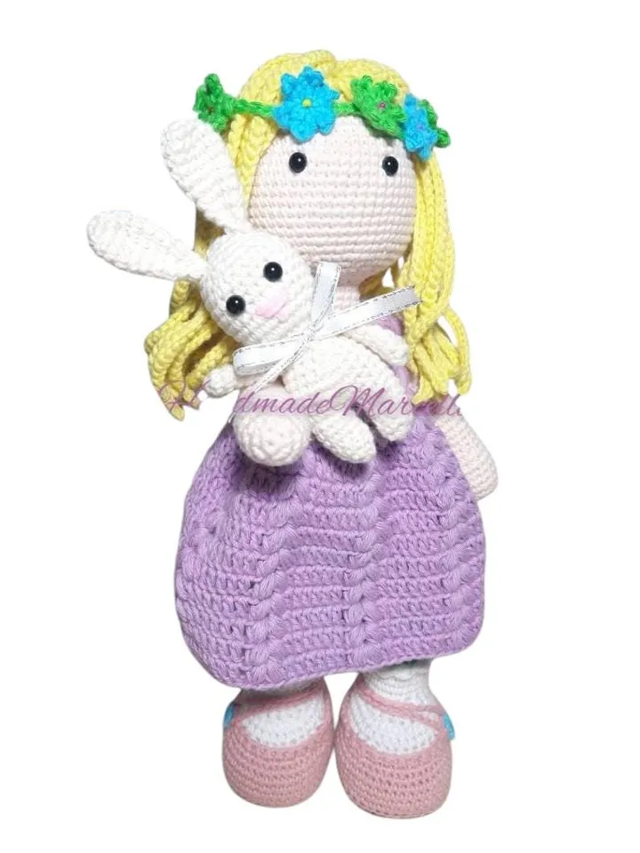 Princess Charlotte Crochet Doll โ 33 cm Handmade Amigurumi โ Articulated Cotton Doll with Flower Crown & Bunny โ Gift for Girls