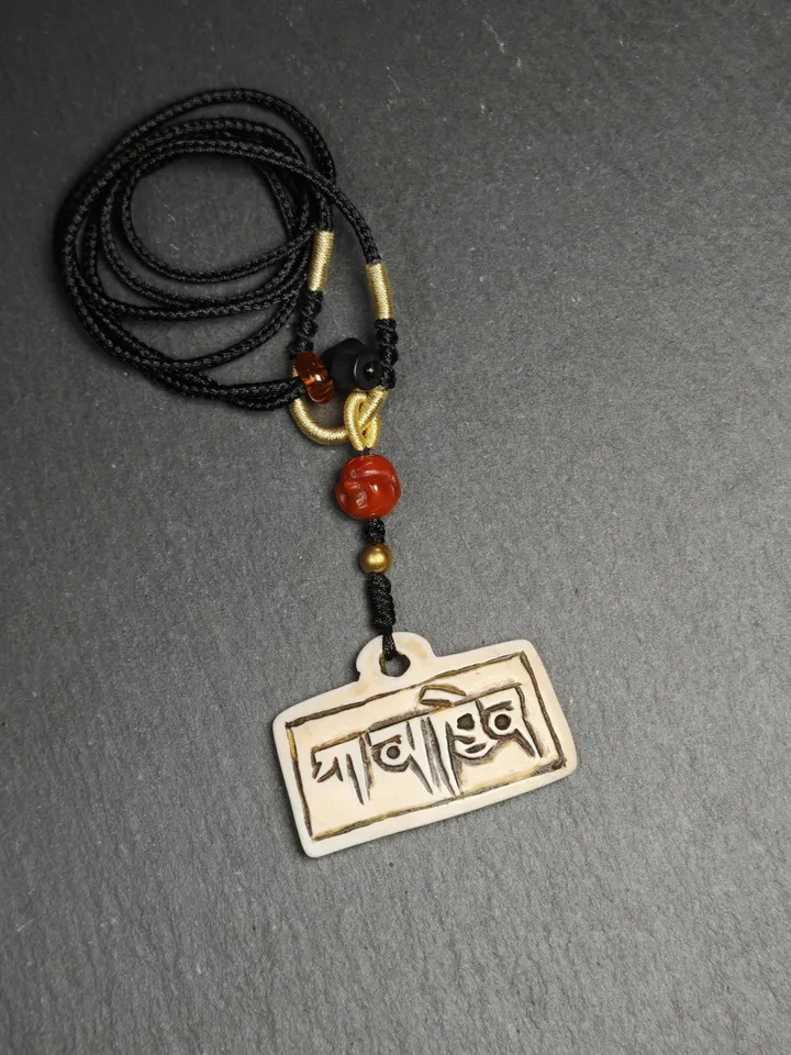 Old Shell Carved Amulet Badge with Tibetan Letters Karmapa***, Gandenla Tibetan Protection Charm, Spiritual Gift