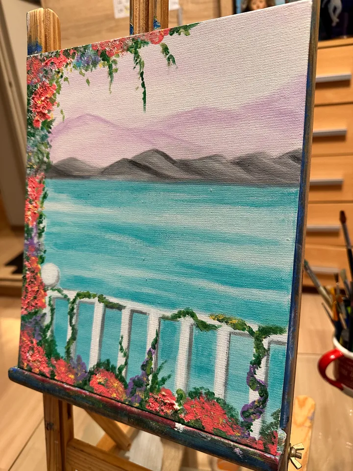 Original Painting Seaside Promenade Resort Town Seascape Mountains Nature Vacation Travel 12x10 inches 30x25 cm Canvas on cardboard Acrylic