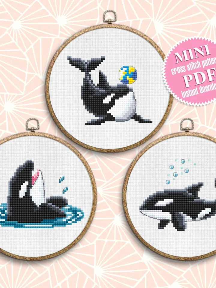 Killer whale cross stitch pattern PDF Set of 3 orca whale patterns instant download, Small cross stitch chart, Sea animals embroidery #K18