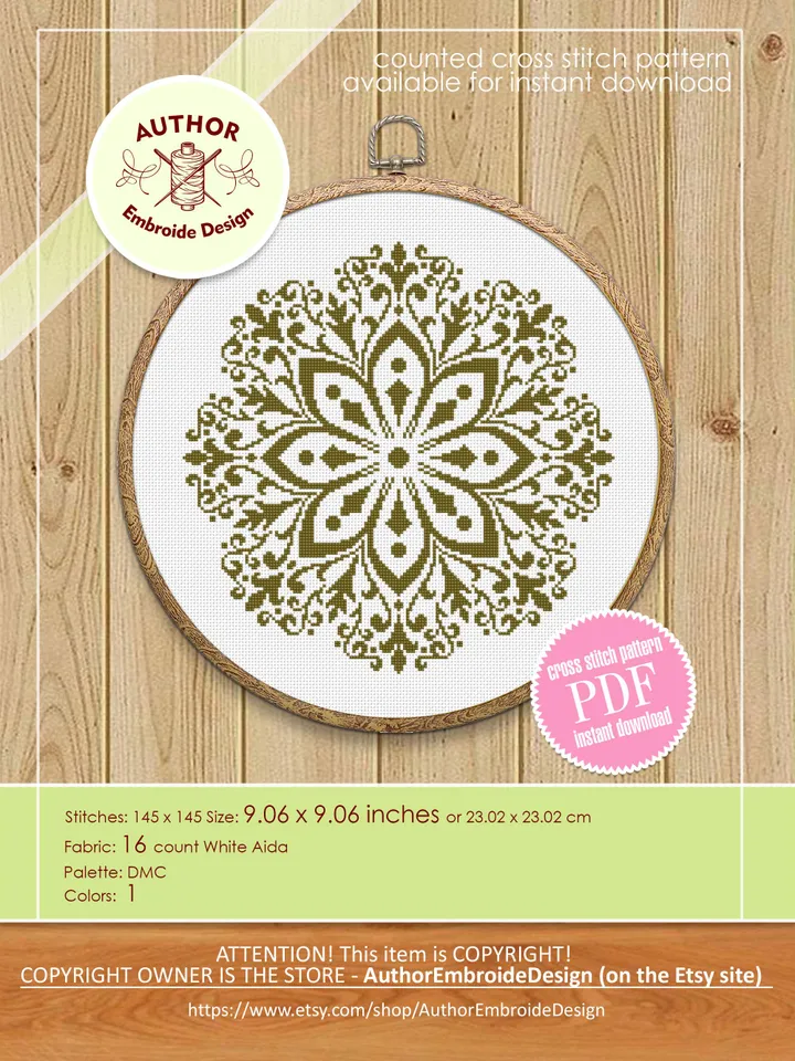 Flower mandala cross stitch pattern PDF instant download Mandala ornament cross stitch chart, Monochrome mandala pattern digital PDF #M279