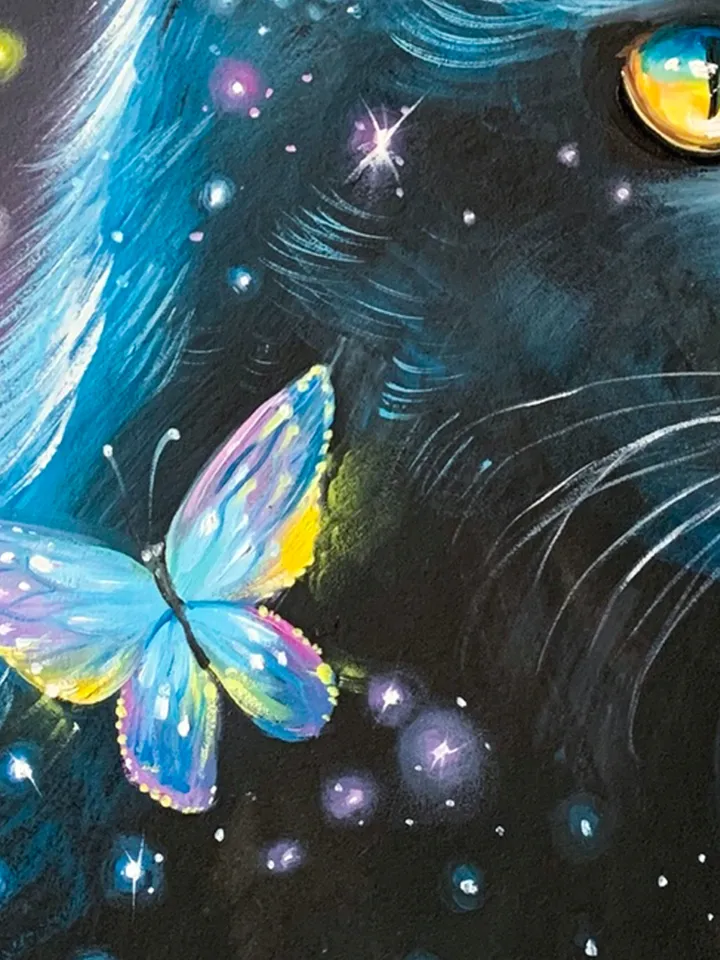 Black Cat and butterflies, oil painting on cardboard