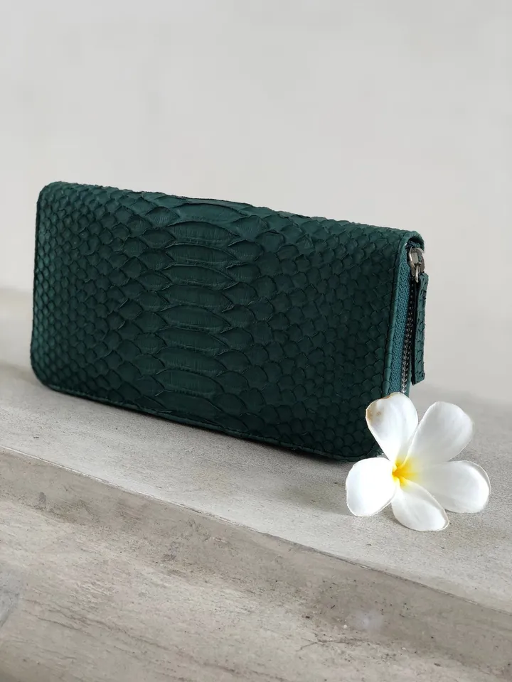 Python Wallet Dark Green | Genuine Python Skin Green Bottle Color Wallet Unissex | Calssy Elegant Python Genuine Leather Wallet Handmade New