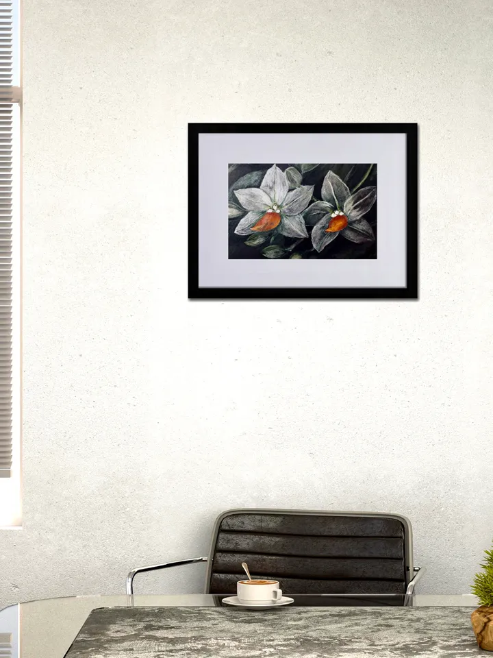 White orchids on black background Matte Paper Framed Poster,orchids painting,flowers wall art,home decoration gift.