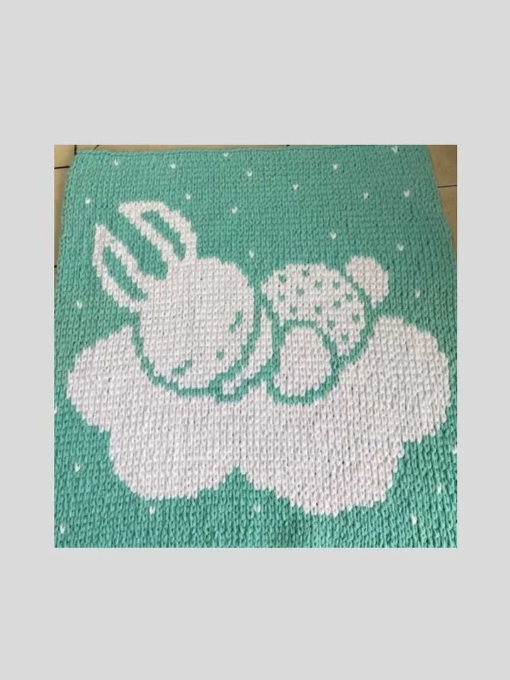 Loop yarn Finger knitted Bunny on the cloud blanket pattern