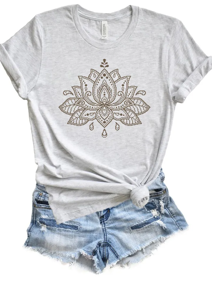 Lotus flower cross stitch pattern download PDF, Floral ornament embroidery PDF, Monochrome mandala cross stitch chart, DIY Home decor #M16