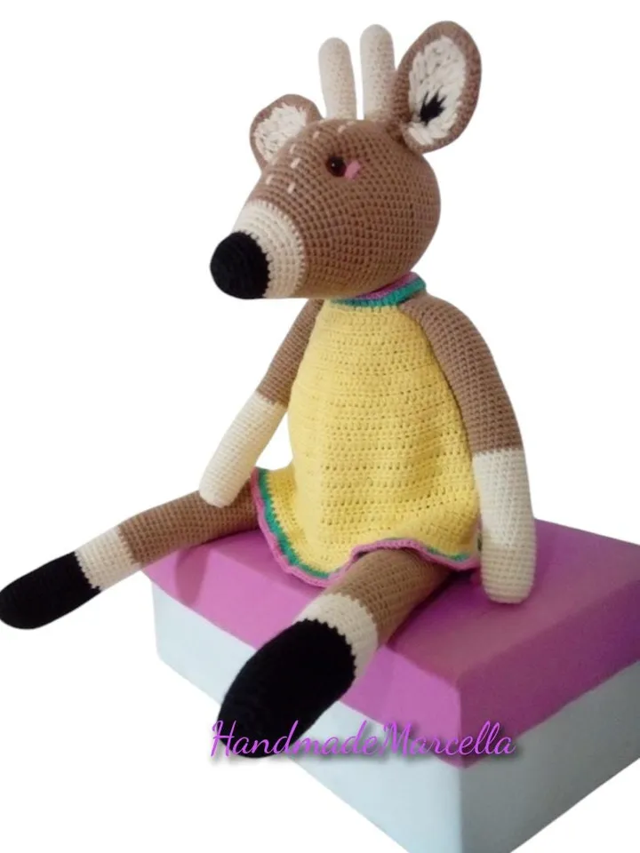 Large Amigurumi Deer – 57 cm Handmade Crochet Forest Animal – Deer in Yellow Dress – Soft Toy for Girl – Nursery Decor – Gift Idea