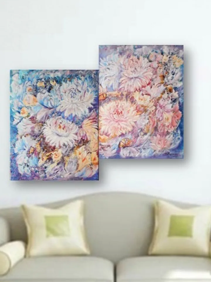 Floral abstract oil painting on canvas, Dipthych