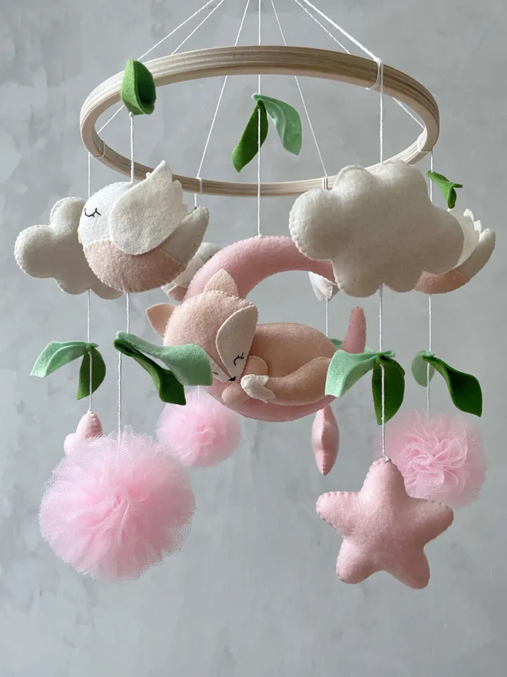 Fox baby mobile girl pink and mint, Woodland crib mobile girl