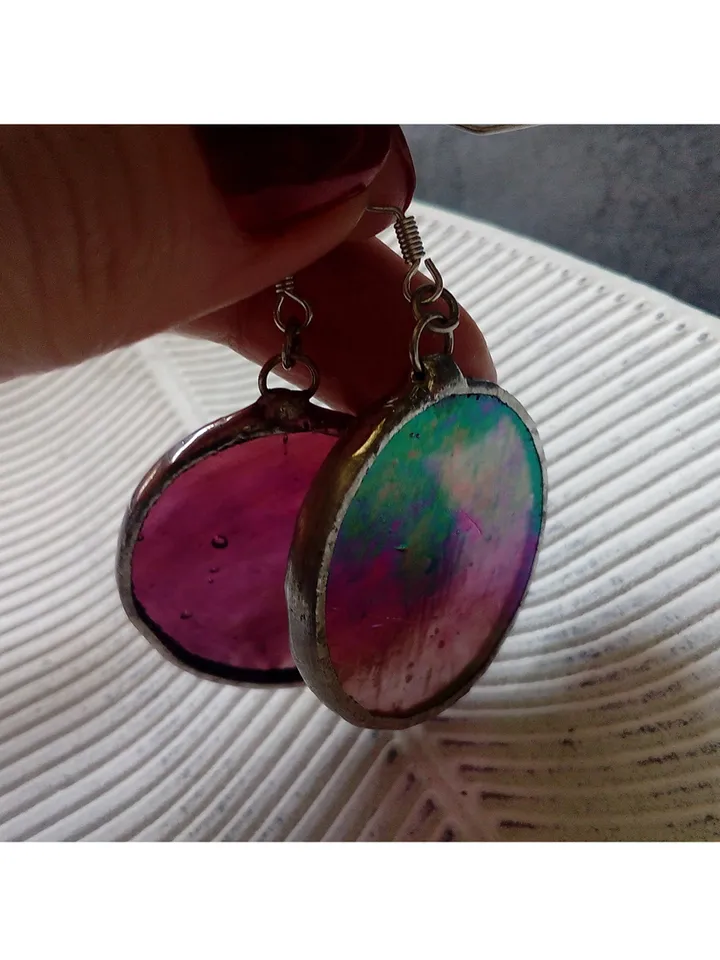Iridescent stained glass earrings, Dichroic earrings, Duochrome earrings, Round stained glass