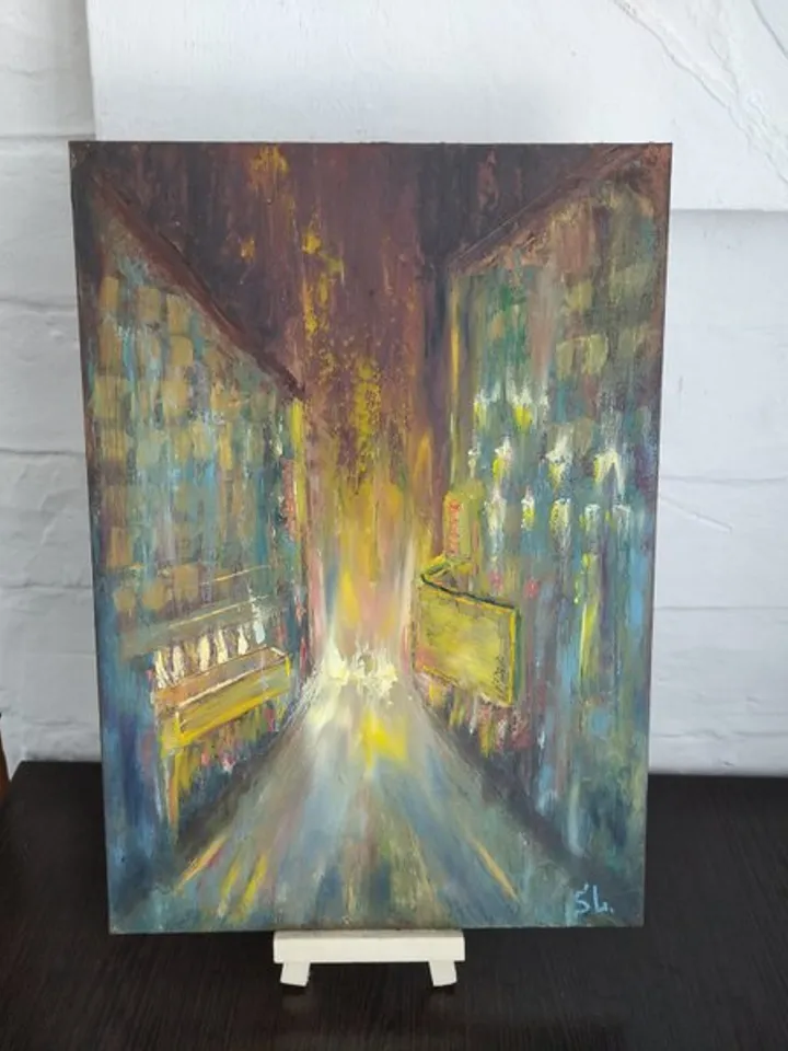 Oil painting with night city and lanterns, original art, night on the city streets, cardboard 12x8 inches