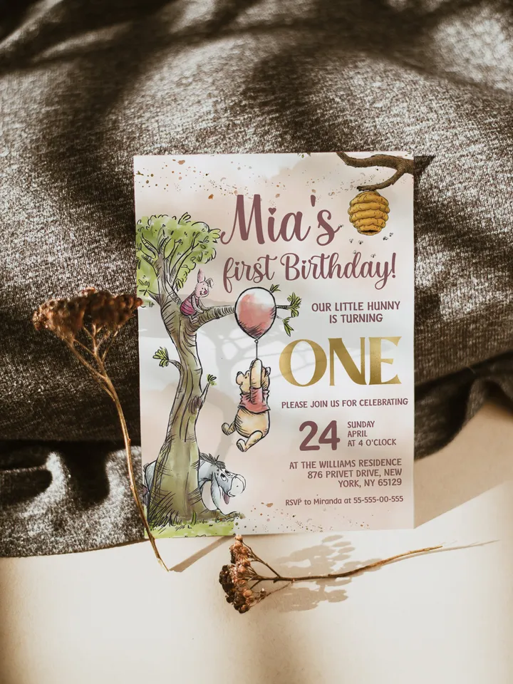 Classic Winnie Pooh Baby Birthday Invitation; Winnie Pooh Baby Birthday ; Greenery Baby Birthday; Honey Bear Birthday; Winnie Pooh wp6