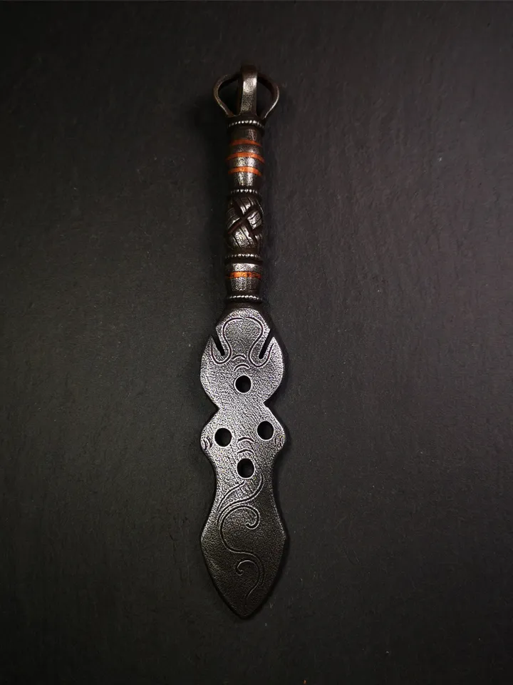 Gandhanra Handmade Tibetan Buddhist Ritual Implement - Kila -Dorje Phurba,Made of Cold Iron inlaid Copper,7.8"