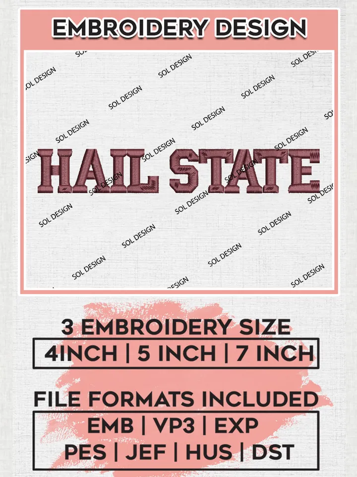 NCAA Hail State Team Logo Embroidery Design Files, NCAA Mississippi State Bulldogs Machine Embroidery, NCAA Teams, 3 sizes, NCAA Machine embroidery designs, Digital Download