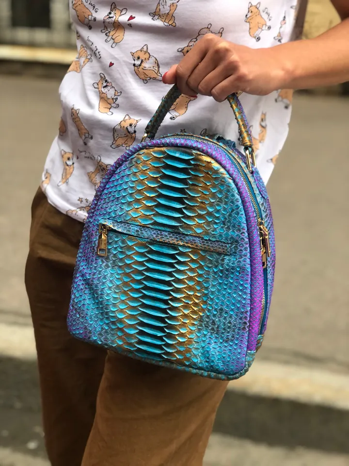 Genuine Python Skin Blue Shiny Backpack | Exotic Leather Bags | Women Sport Chic Leather BackPack | Backpack For Girls | Handmade Backpacks